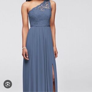 Davids Bridal One-Shoulder Slate Blue Lace Dress